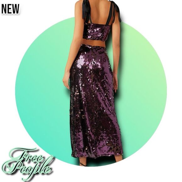 New NWT Free People Star Bright Sequin Two-Piece Crop Top & Midi Skirt - sz4 - Picture 2 of 5
